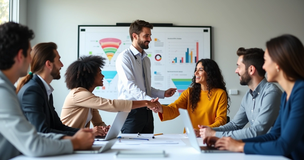 Time de marketing e vendas reunidos alinhando estratégias