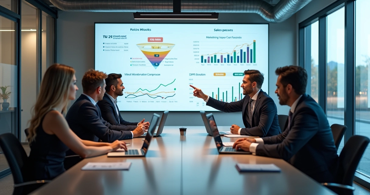 Times de marketing e vendas reunidos em reunião de integração