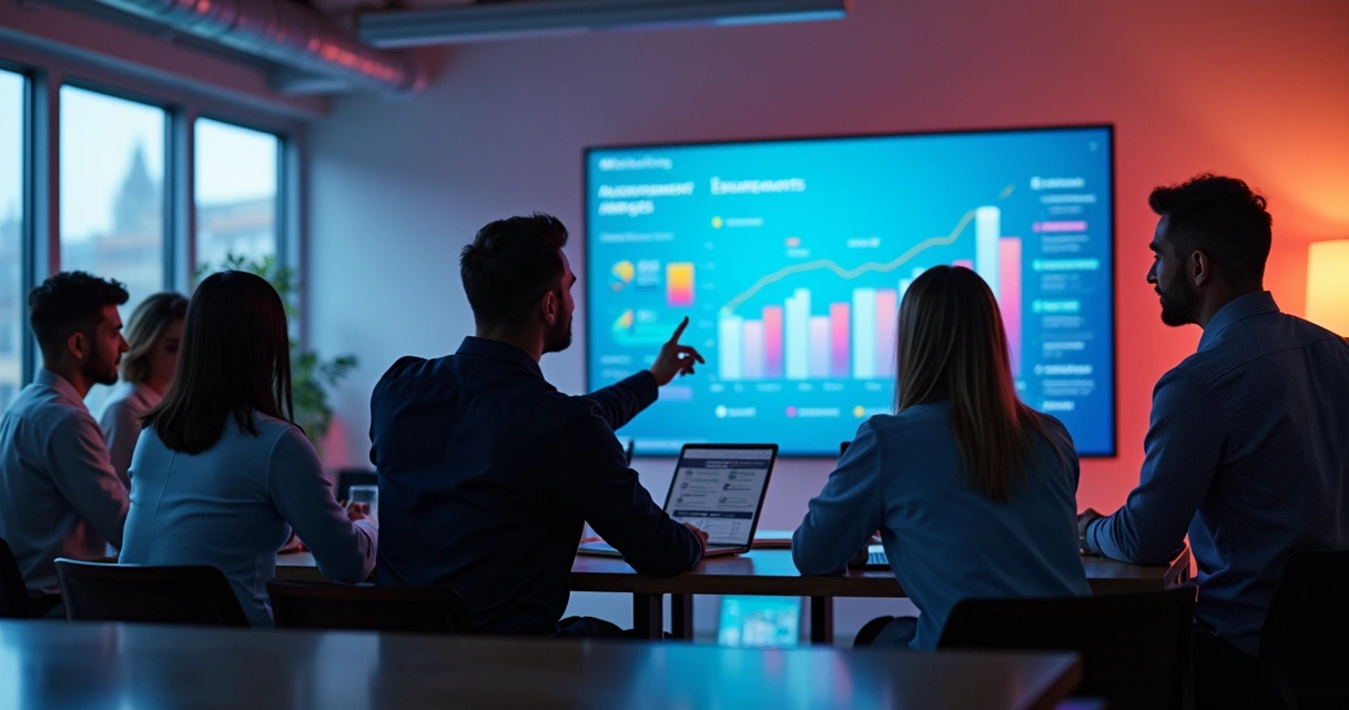 Equipe de marketing e vendas reunida discutindo painel de gestão de leads em tela grande 