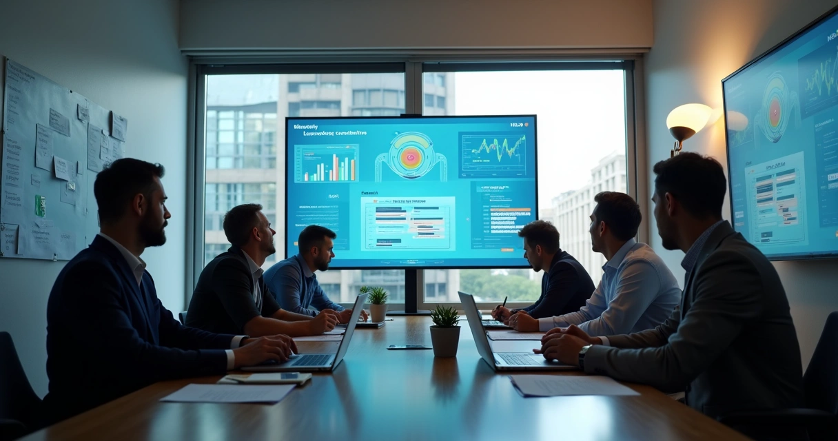 Reunião entre equipes de marketing e vendas em volta de uma mesa, analisando um painel de métricas e gráficos. 