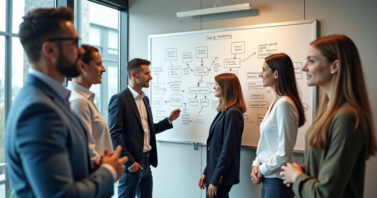Equipe de marketing e vendas reunida em sala iluminada com quadro branco ao fundo 