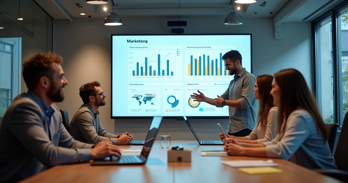 Equipe de marketing e vendas de agência digital trabalhando juntos, compartilhando dados e estratégias para resultados. 