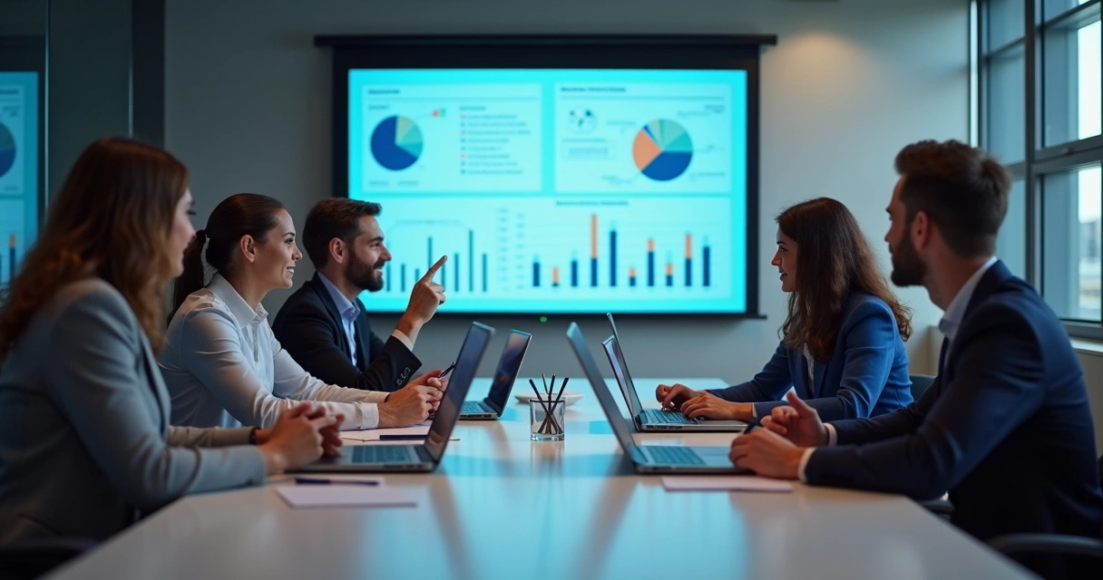 Profissionais de marketing e vendas colaborando analisando painel 