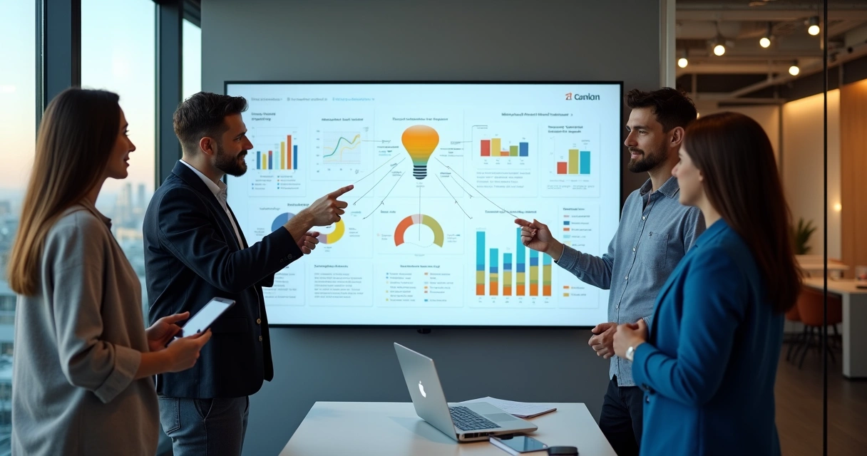 Equipe de marketing, vendas e customer success colaborando com painel de CRM 