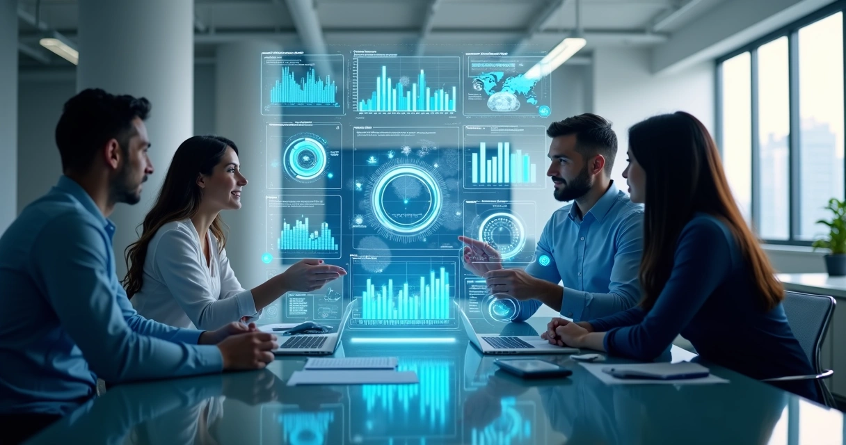 Equipe de marketing e vendas colaborando em frente a telas com gráficos e dados integrados 