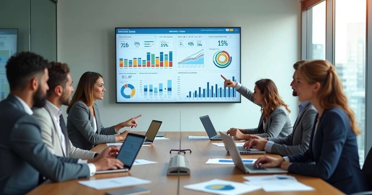 Equipe de marketing e vendas unida em reunião estratégica olhando para gráficos de resultados 