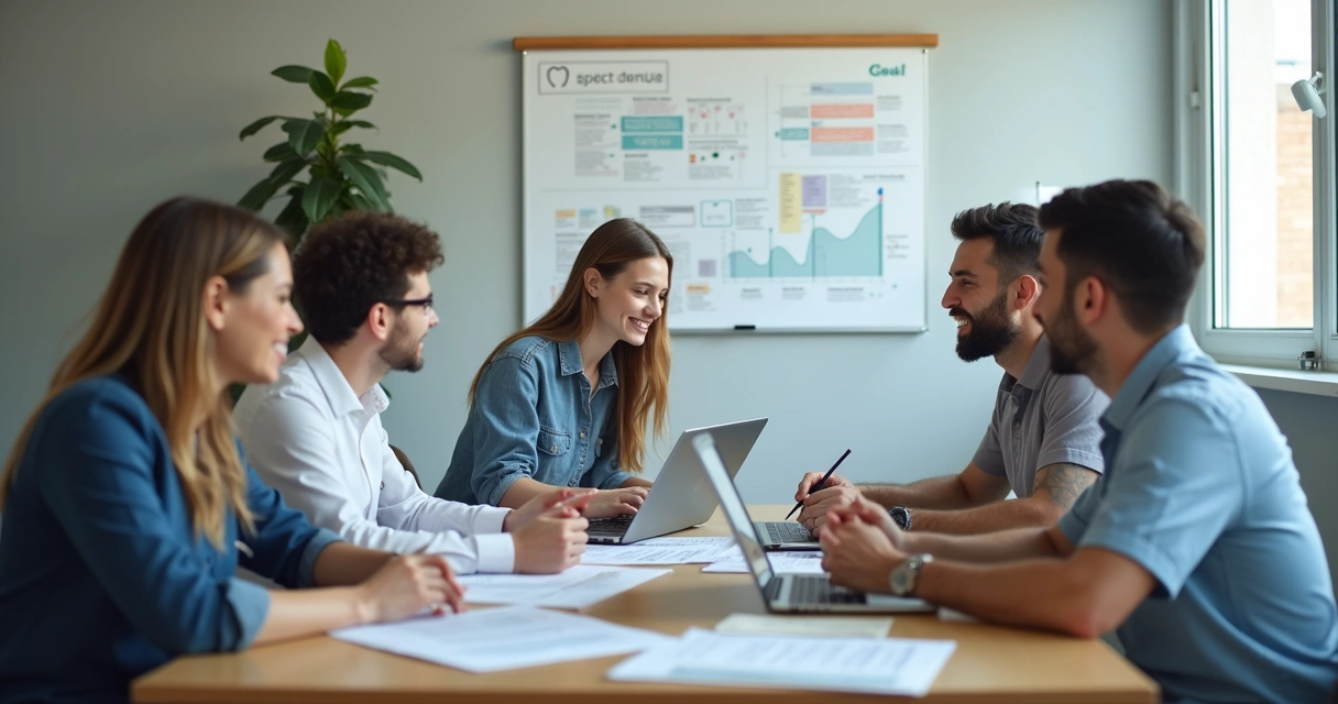 Equipe de marketing e vendas de clínica odontológica reunidas e trocando informações