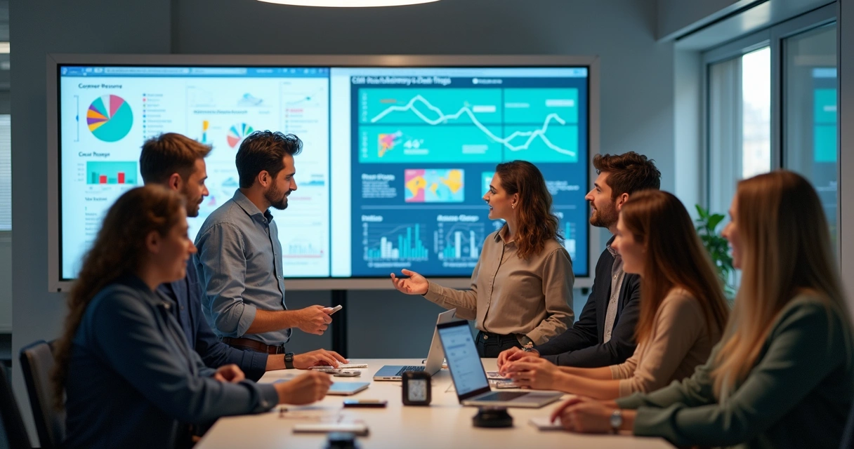 Equipes de marketing, vendas e pós-venda reunidas 