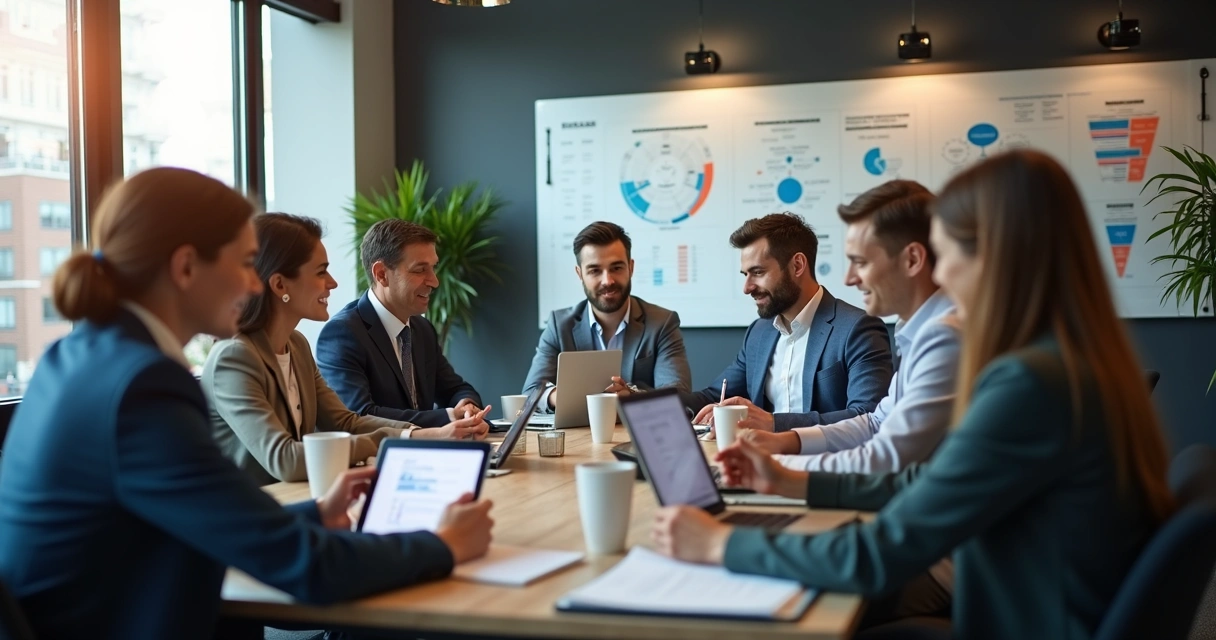 Equipe de marketing e vendas reunida em mesa discutindo dados em tablet e laptop 