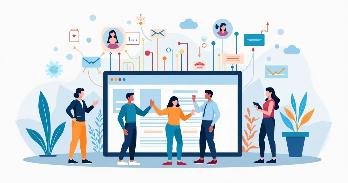 Ilustração de integração entre áreas de marketing, vendas e tecnologia em tela digital