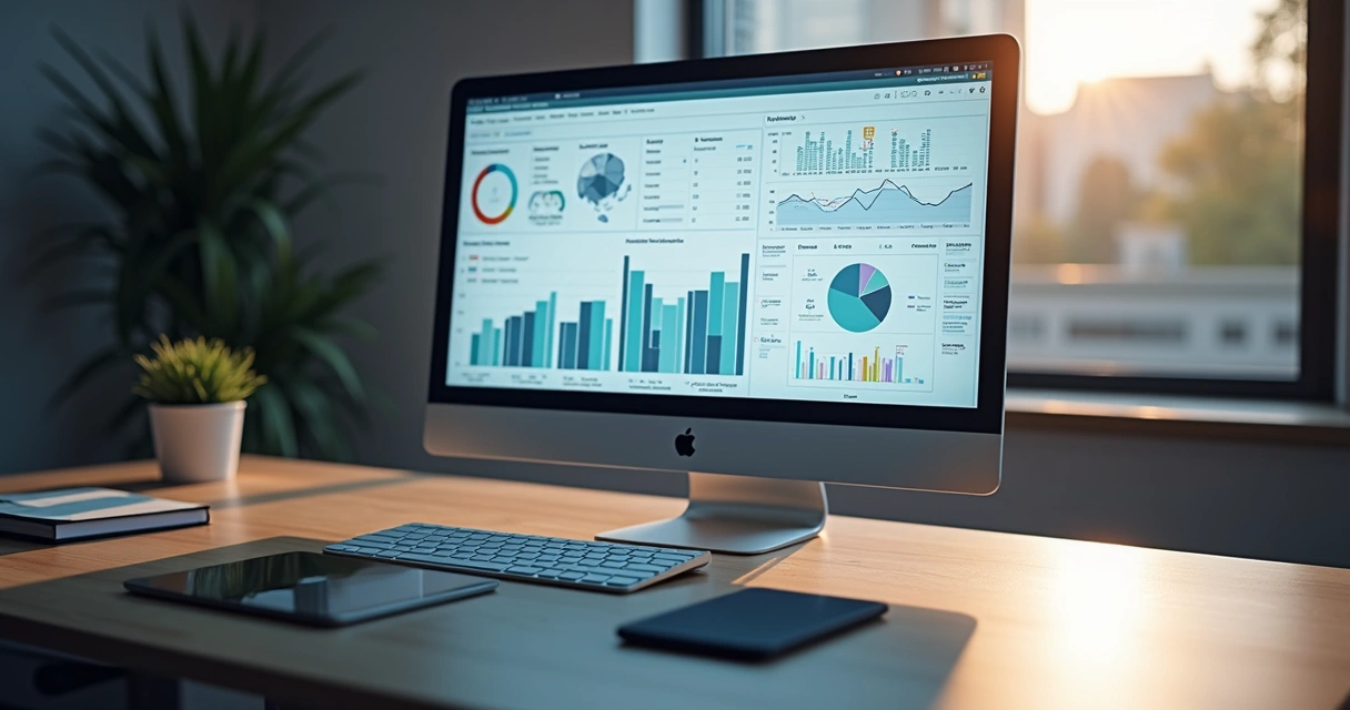Computador com tela mostrando integração de sistemas e gráficos de controle fiscal 