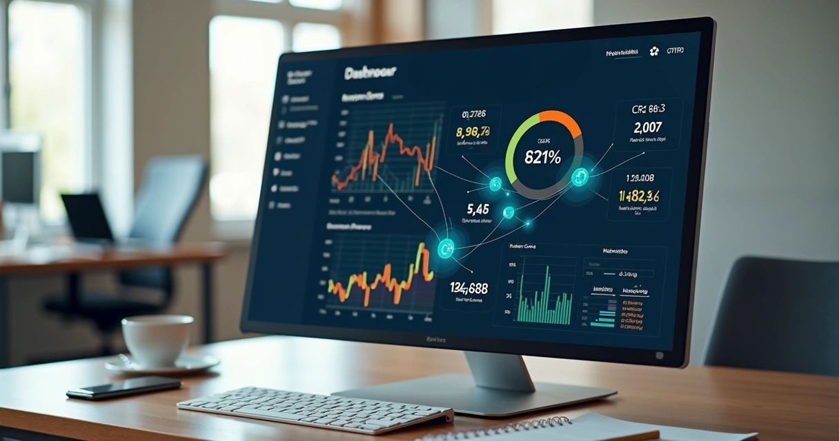 Tela detalhada de dashboard com gráficos financeiros e integração de marketplace