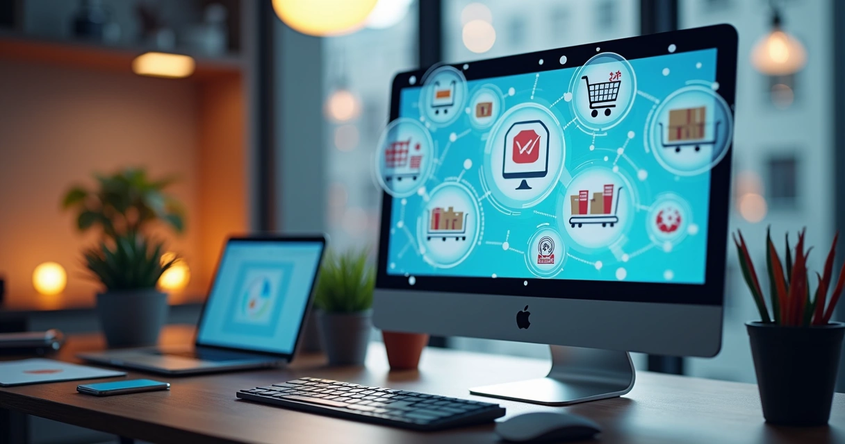 Tela de computador exibindo integração de marketplace com loja virtual, gráficos de vendas e ícones de e-commerce ao redor 