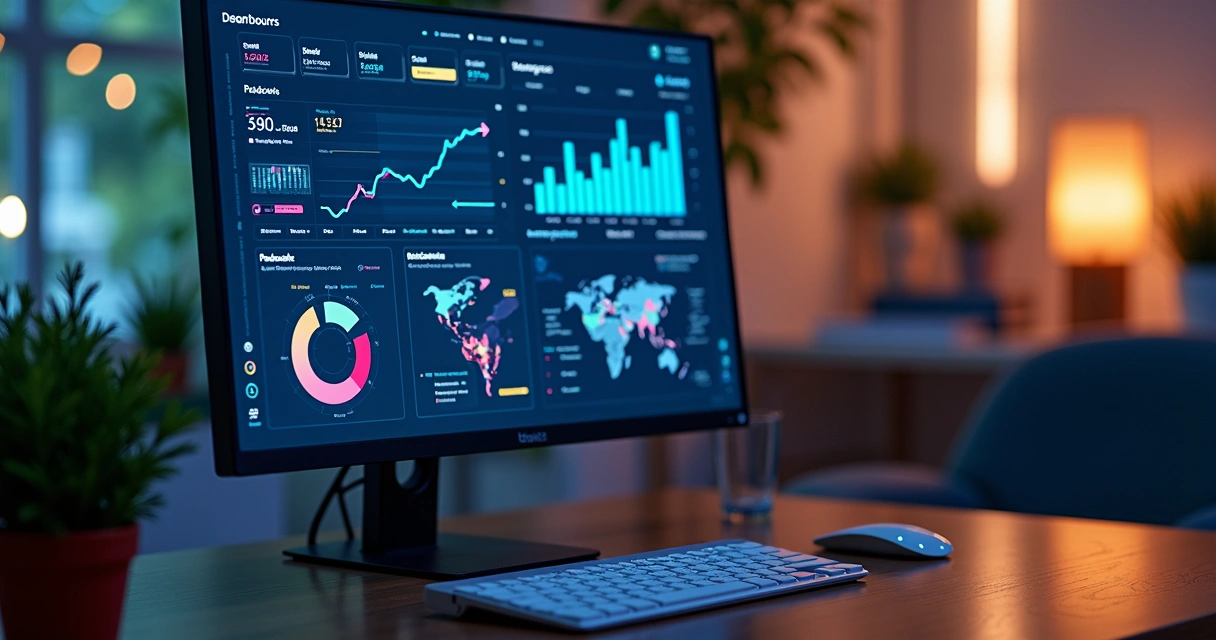 Tela de computador mostrando gráfico financeiro e integração de marketplaces
