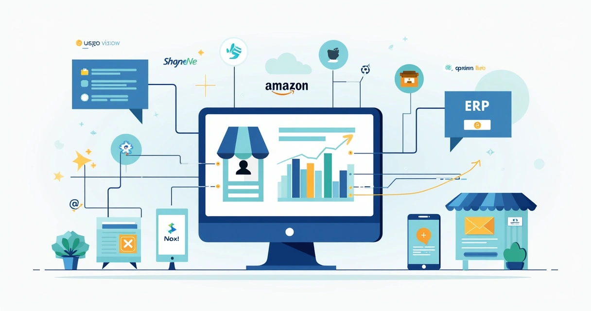 Painel digital mostrando integração de loja, marketplaces e ERP lado a lado