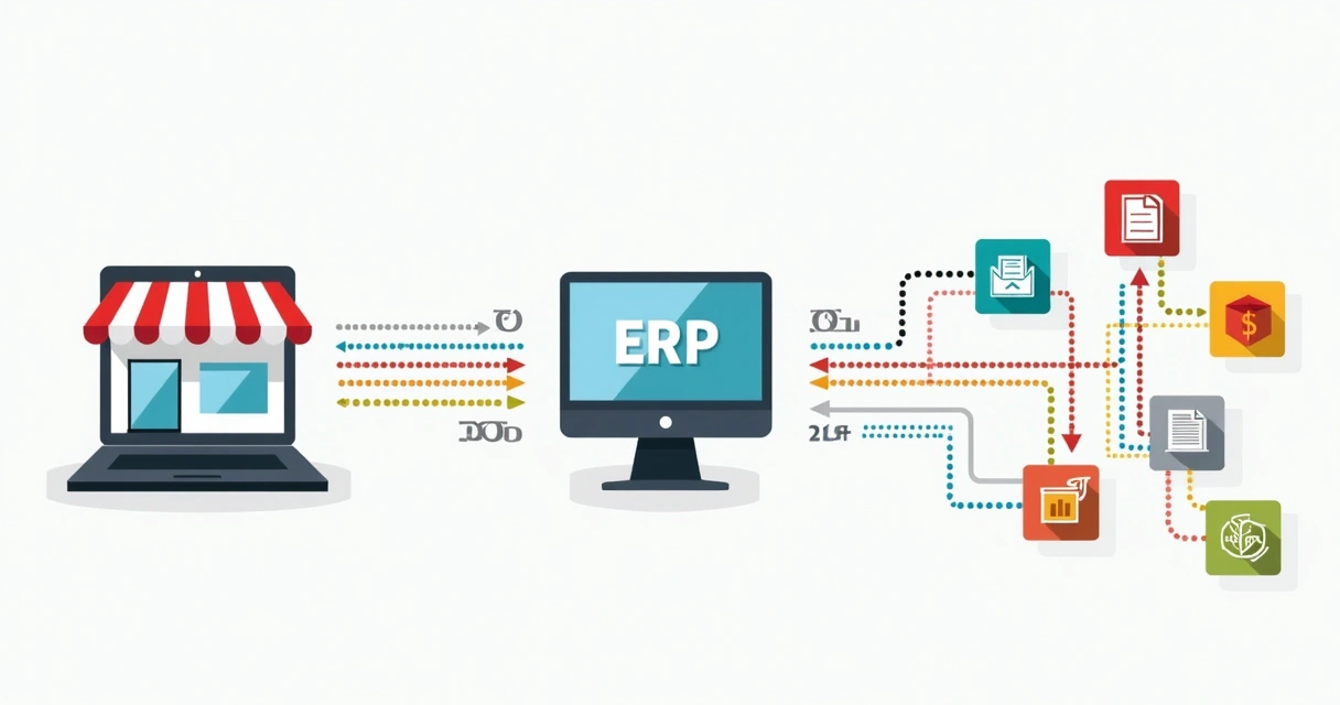 Fluxo de integração entre loja virtual, ERP e marketplace, com ícones conectando todas as partes de forma clara 