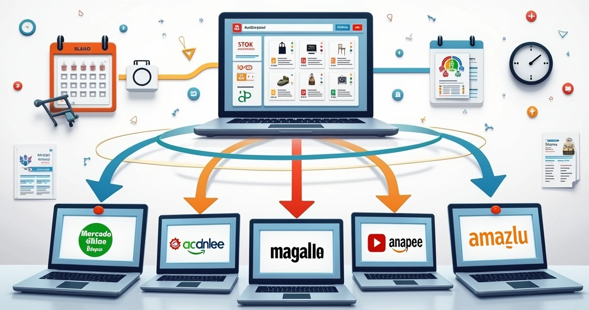 Ilustração integração produtos marketplaces via ERP 