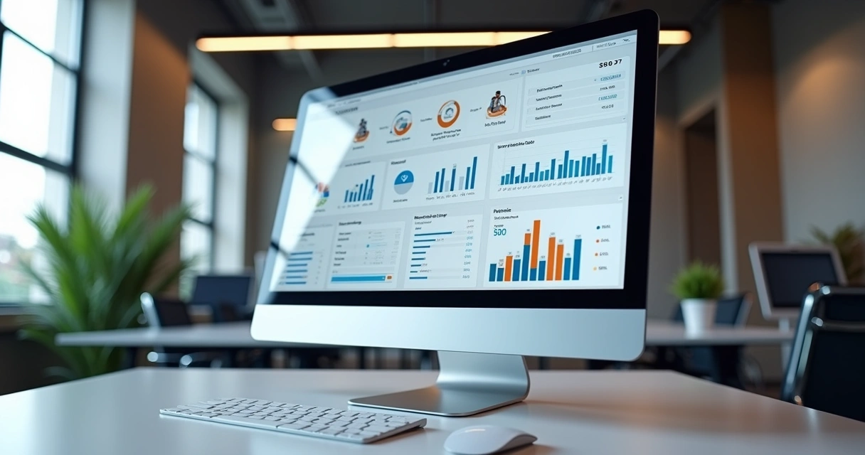 Tela de computador mostrando painel integrado de ERP WM10 com atualizações em tempo real da Tray e gráficos de vendas 