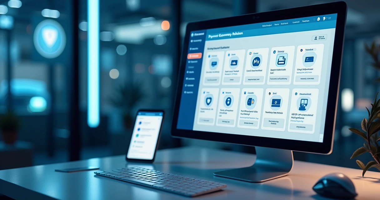 Computador exibindo interface de integração de gateway de pagamento com transações seguras para e-commerce 