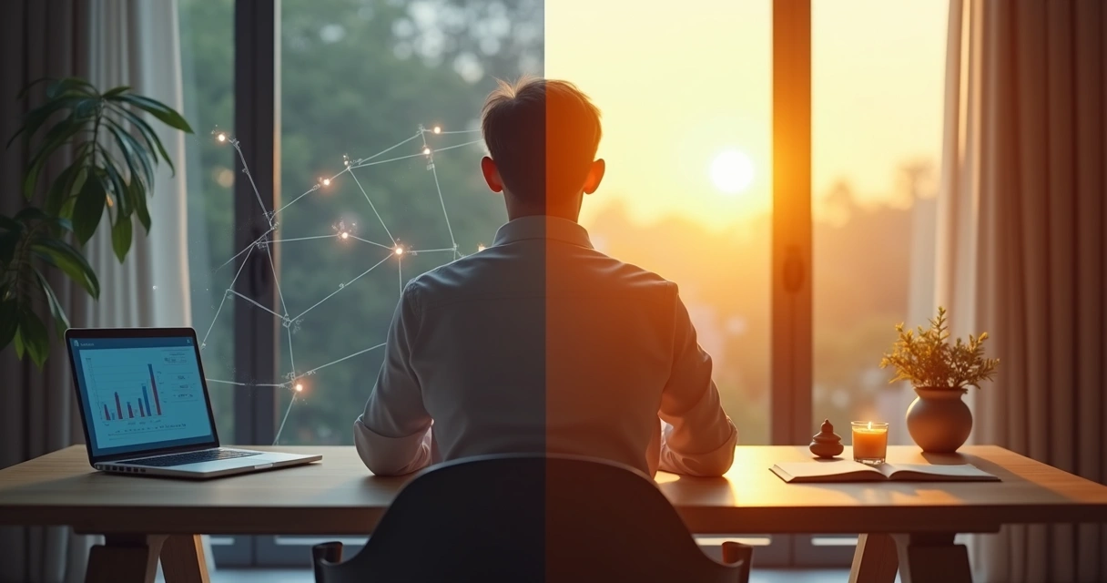 Pessoa de olhos fechados com metade do rosto tecnológica e metade espiritual 