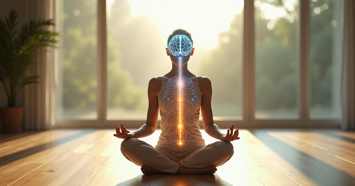 Pessoa sentada em meditação com conexão entre cérebro e corpo iluminados 
