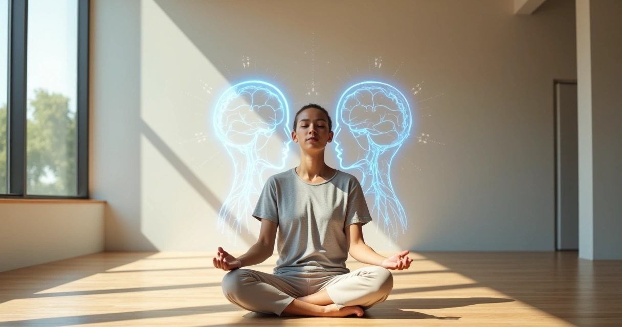 Pessoa meditando com representação sutil de conexões entre mente e corpo 