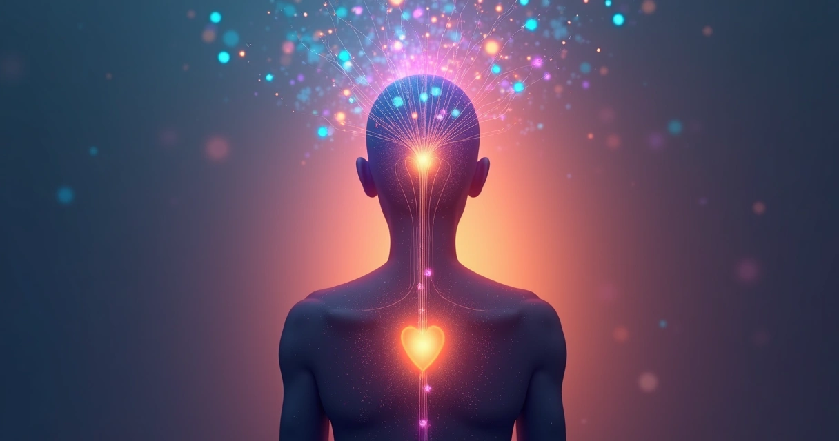 Desenho de silhueta humana com conexões coloridas entre mente, coração e corpo 