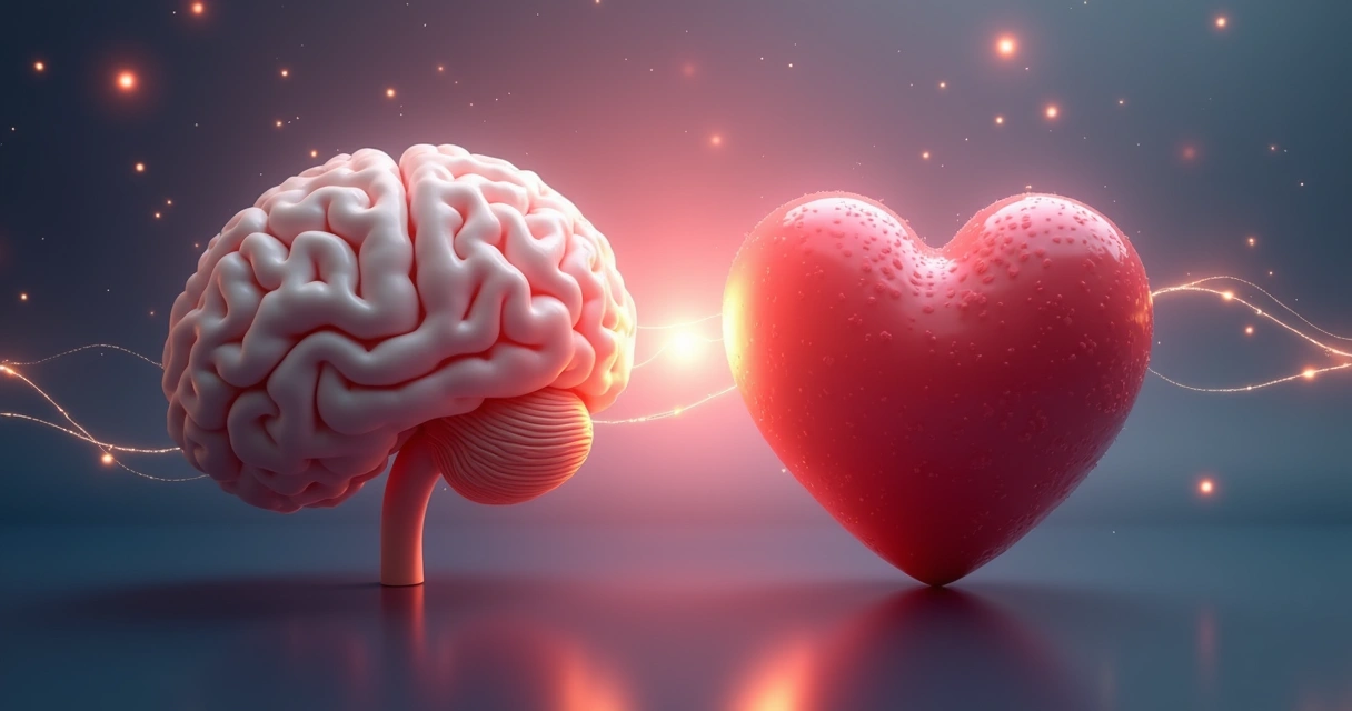 Cérebro e coração conectados por luz suave, representando integração mente e emoção