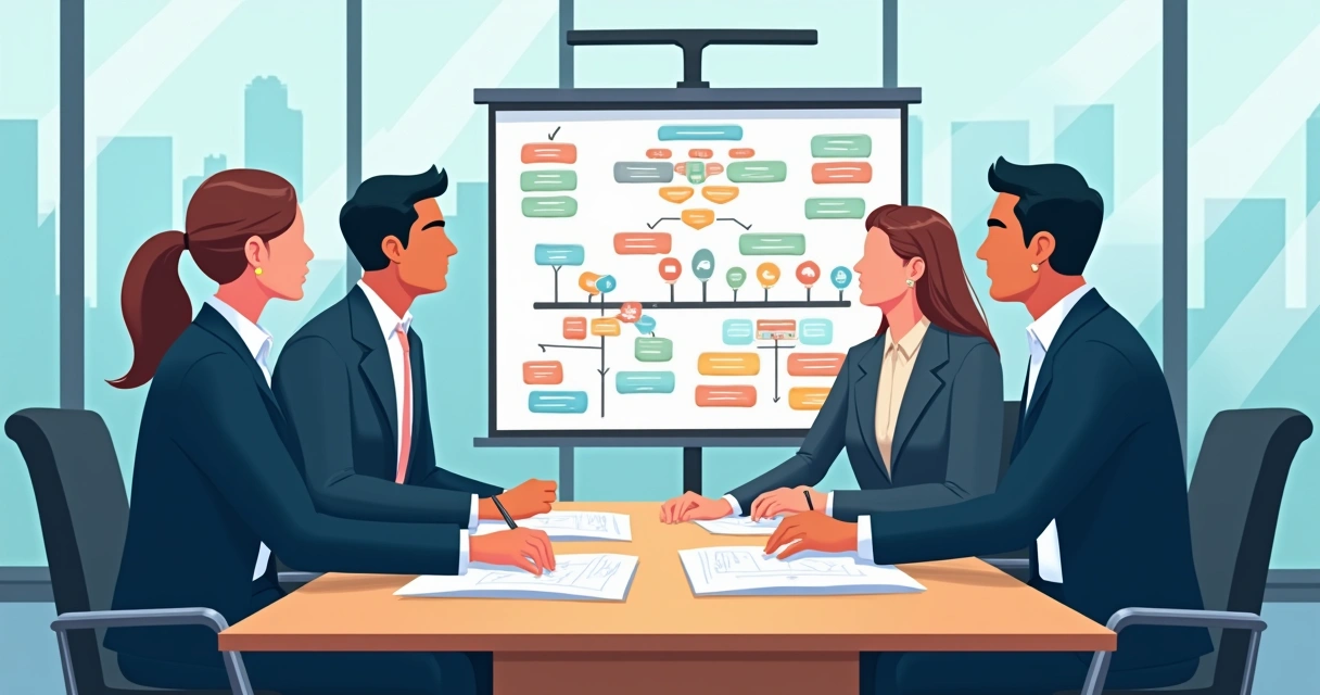 Equipe reunida ao redor de mesa com plano estratégico e gráficos de metas 