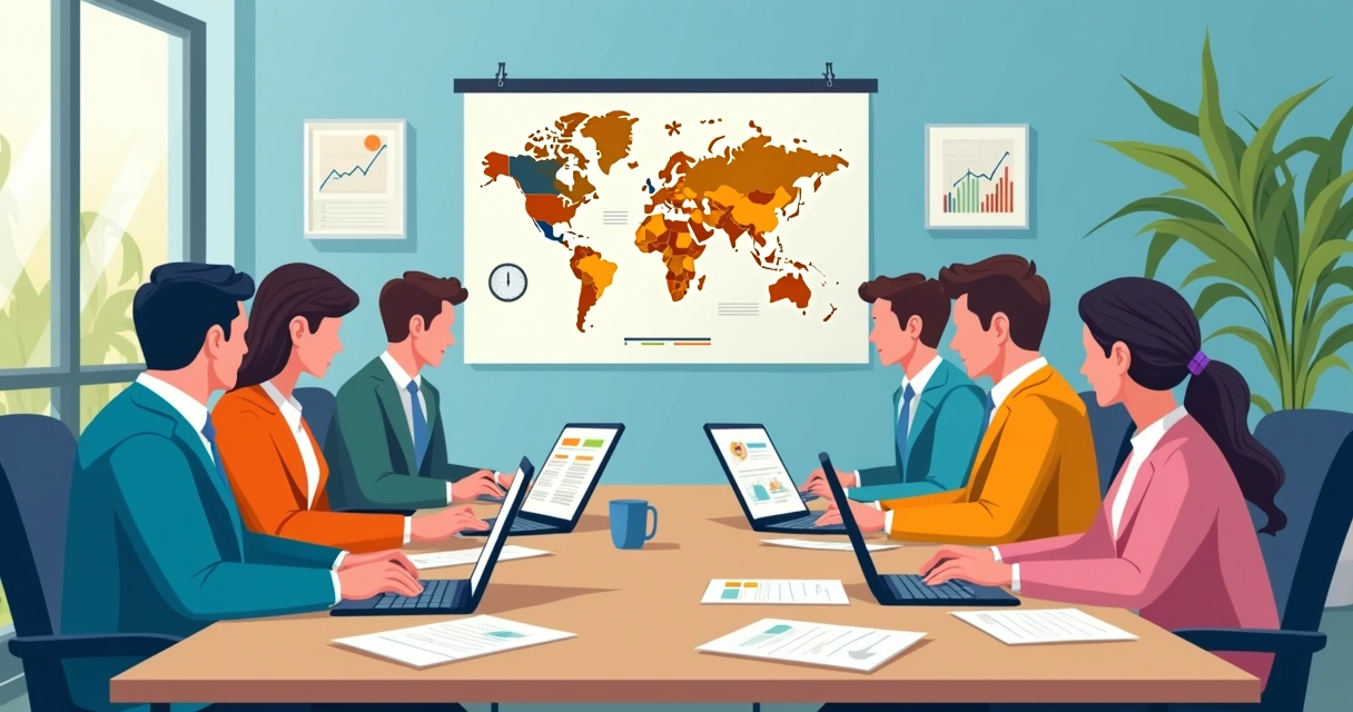 Equipe de campanha debatendo ao redor de mesa com laptops e mapas impressos, mostrando integração de métodos 