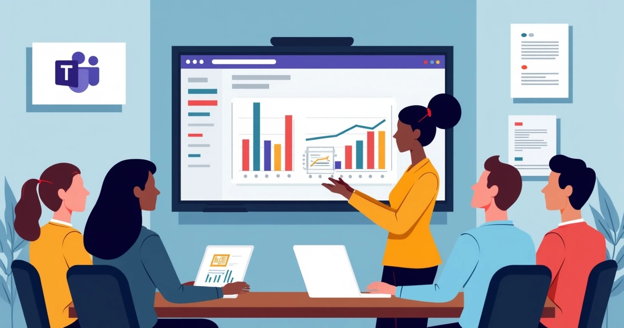 Equipe analisa relatório interativo em tela via Teams com integração Microsoft