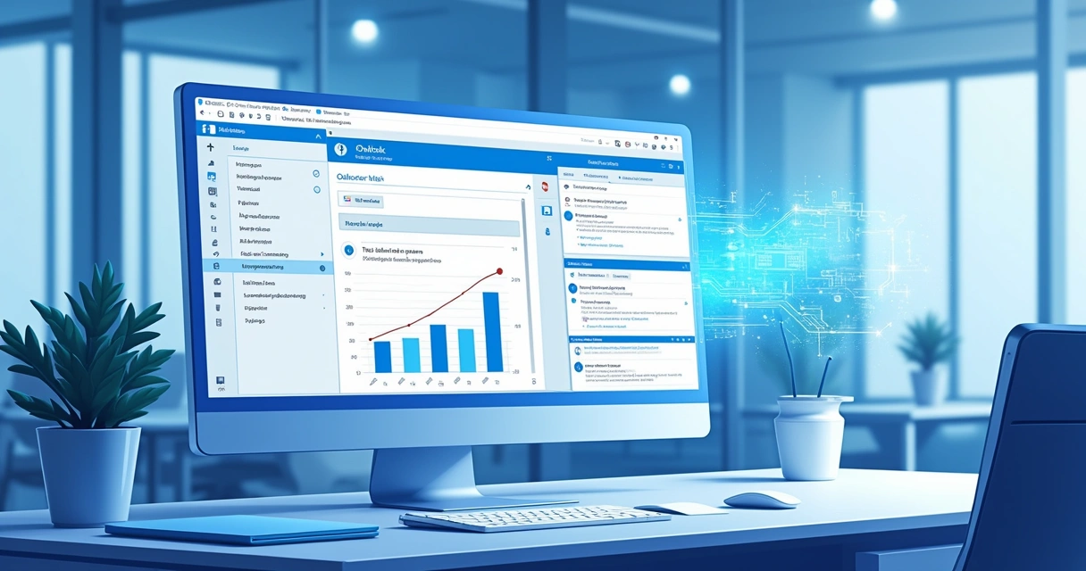 Tela de computador com interface do Microsoft 365 integrada usando Copilot, mostrando gráficos, emails e calendário sincronizados 