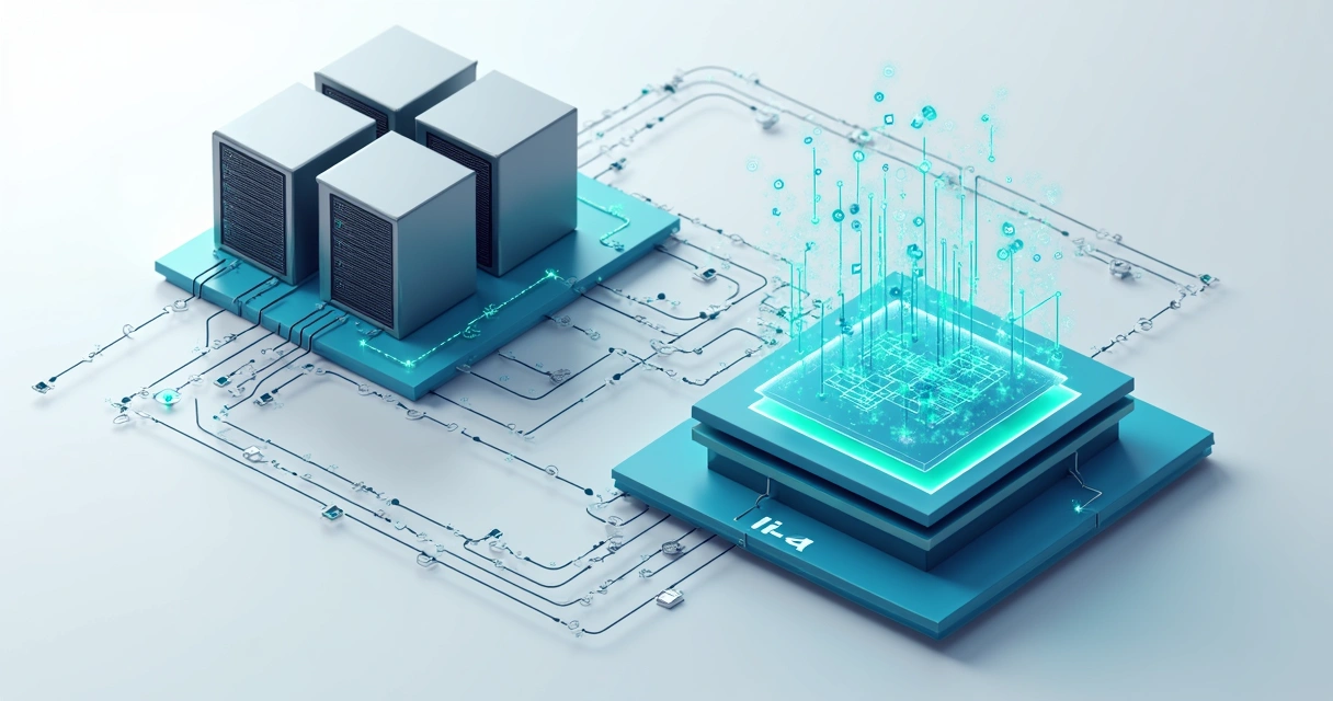 Ilustração mostrando middleware conectando sistemas legados e IA 