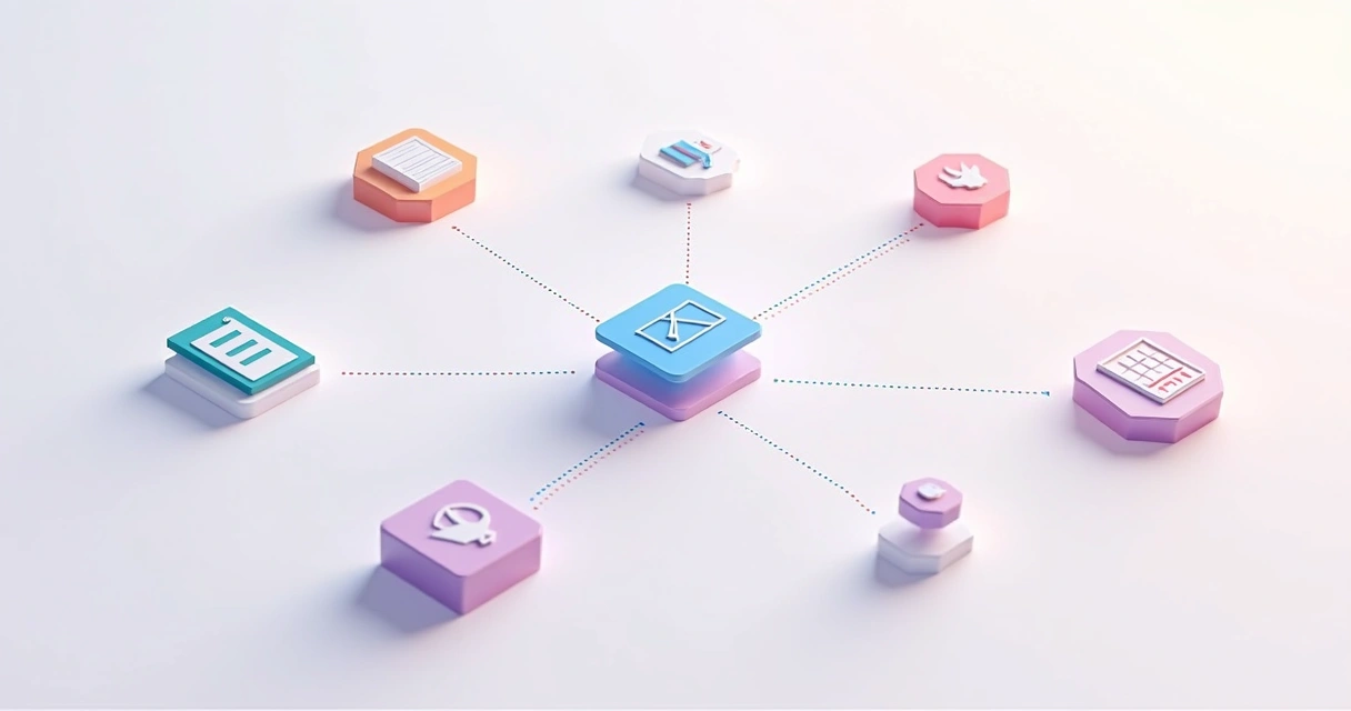 Ícones de ferramentas digitais conectados por linhas minimalistas 