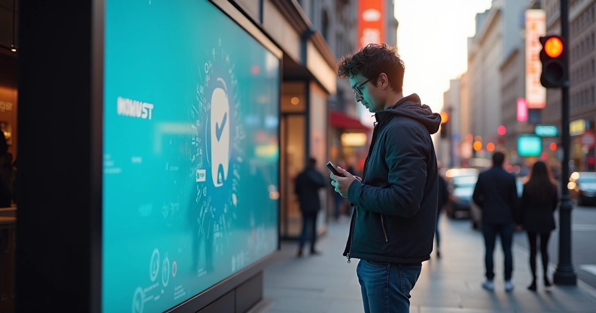 Pessoa olhando para painel digital interativo e recebendo notificação no celular 