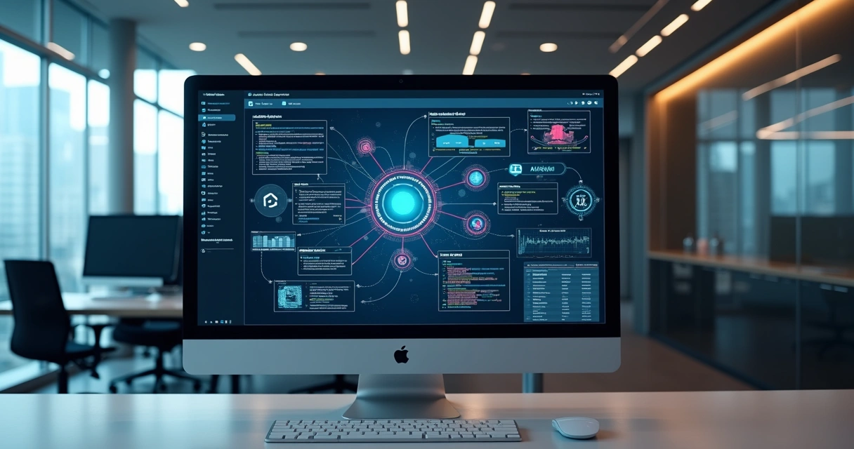 Tela de computador mostrando interface de integração entre modelos de IA e sistemas corporativos com fluxos automatizados e conexões múltiplas em ambiente moderno de escritório 