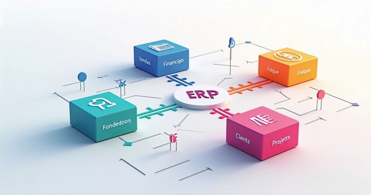Gráfico mostrando integração de módulos ERP como vendas, financeiro e projetos 