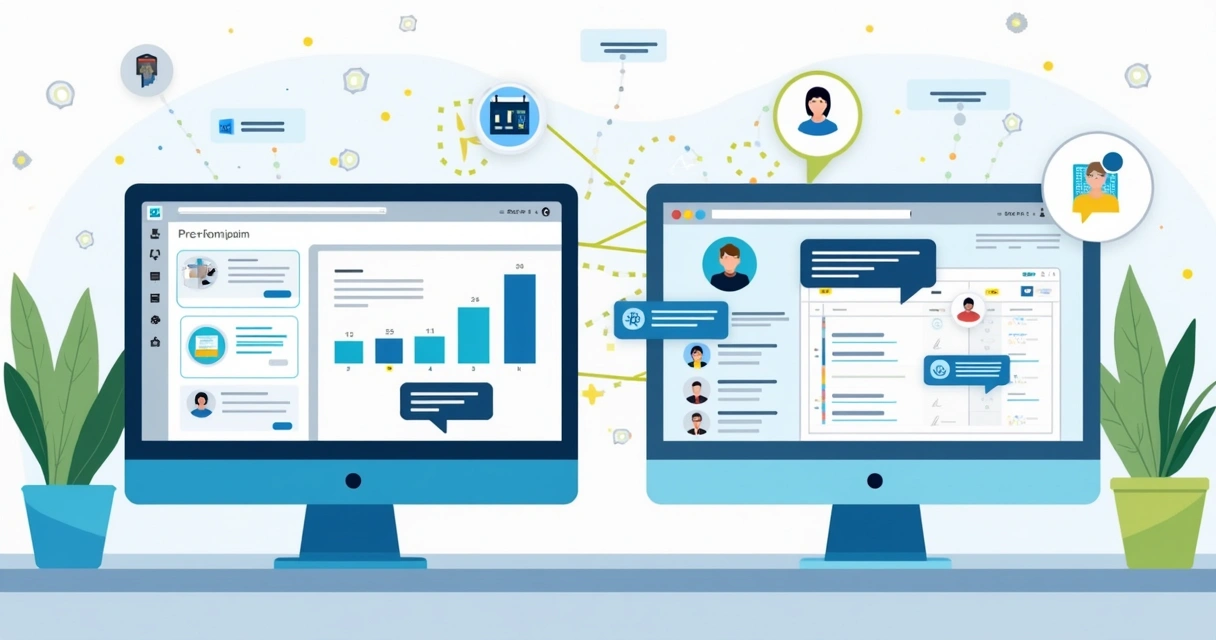 Ilustração corporativa flat mostrando integração entre Microsoft Project e Teams com telas de computador exibindo gráficos e conexões digitais 