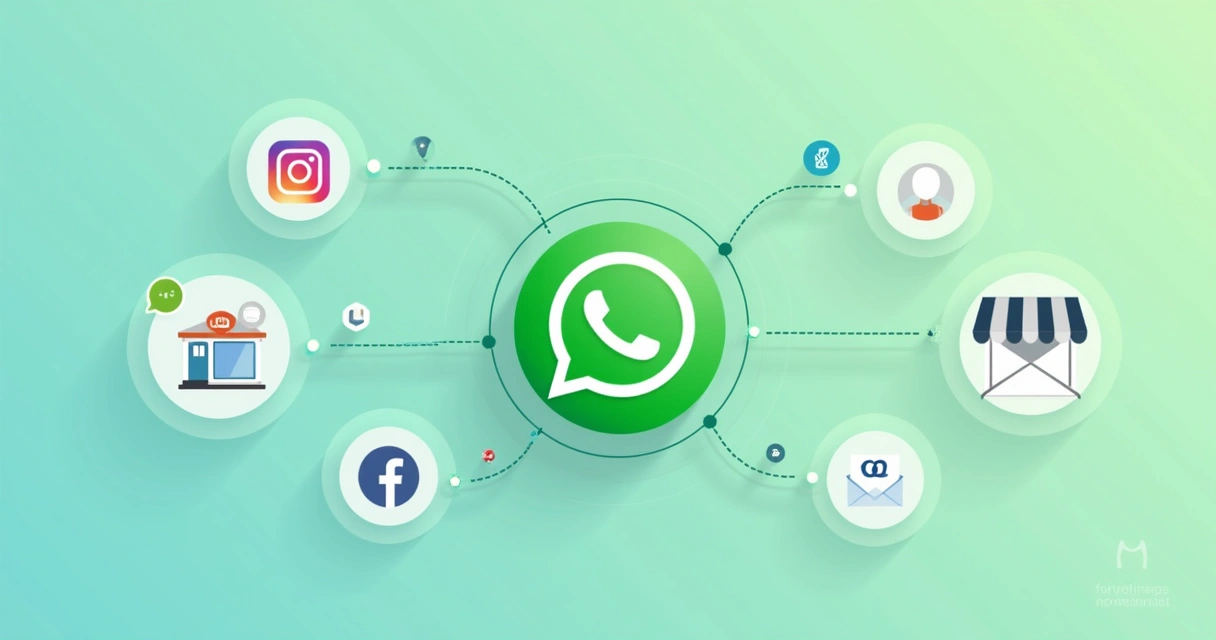 Representação de integração entre WhatsApp, redes sociais e loja virtual usando fluxos conectados. 