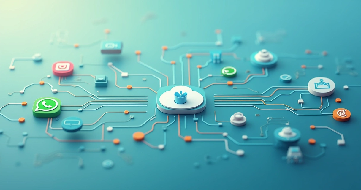 Fluxo visual conectando WhatsApp, Instagram, e-mail e site 