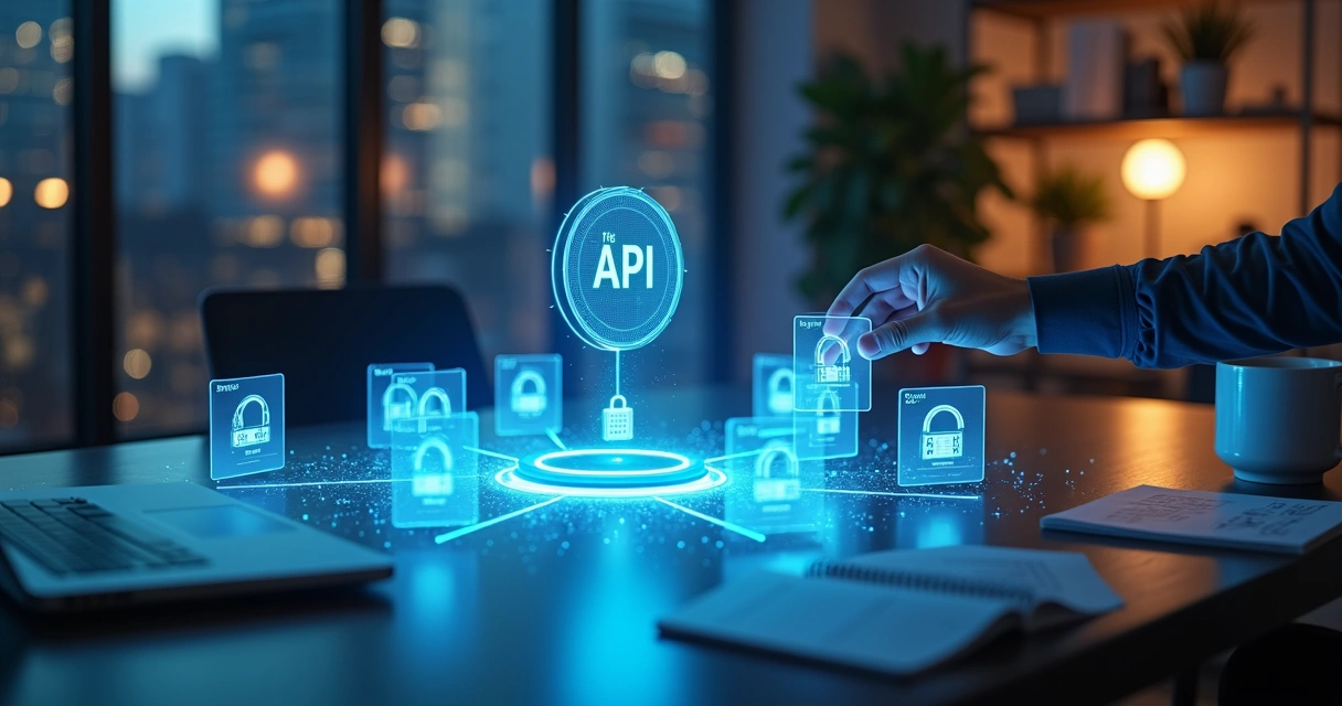 Mão conectando vários cartões de CNPJ a um único ícone de API central 