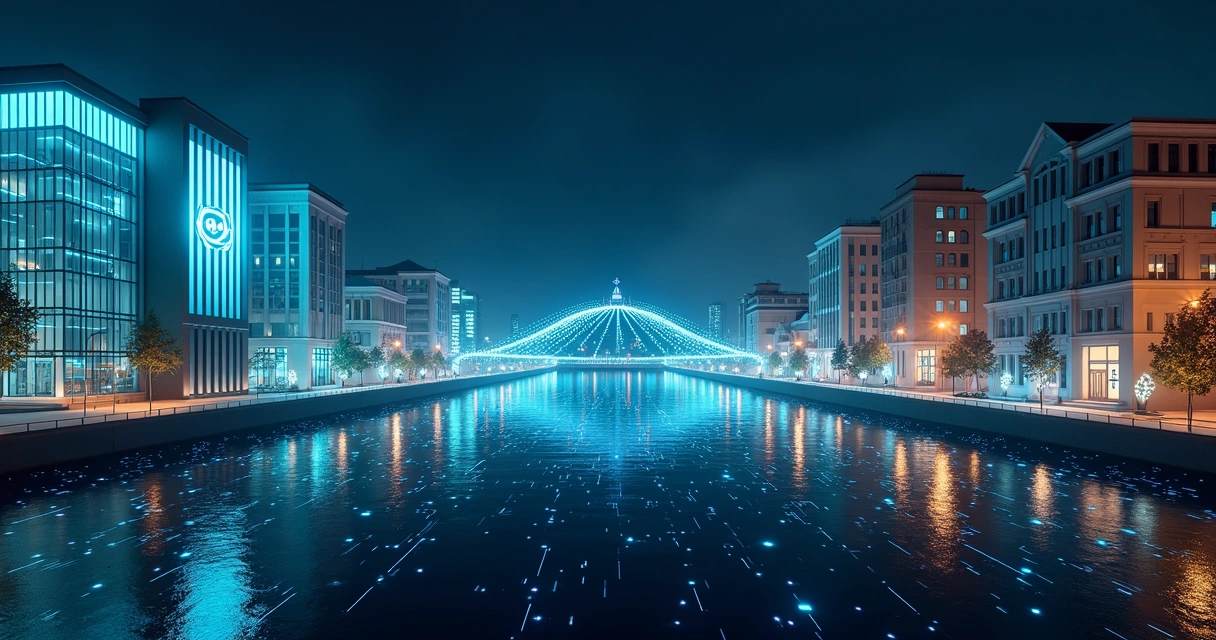 Ponte digital conectando servidor de SaaS a vários prédios de prefeituras estilizados 