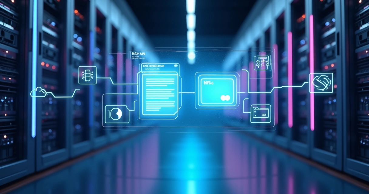 Sala de servidores com fluxo digital representando integração de API NFS-e e Stripe 