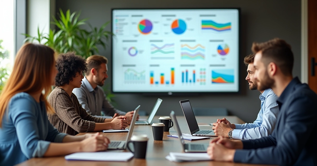 Equipe discutindo automações em sistema Notion na mesa de reunião 