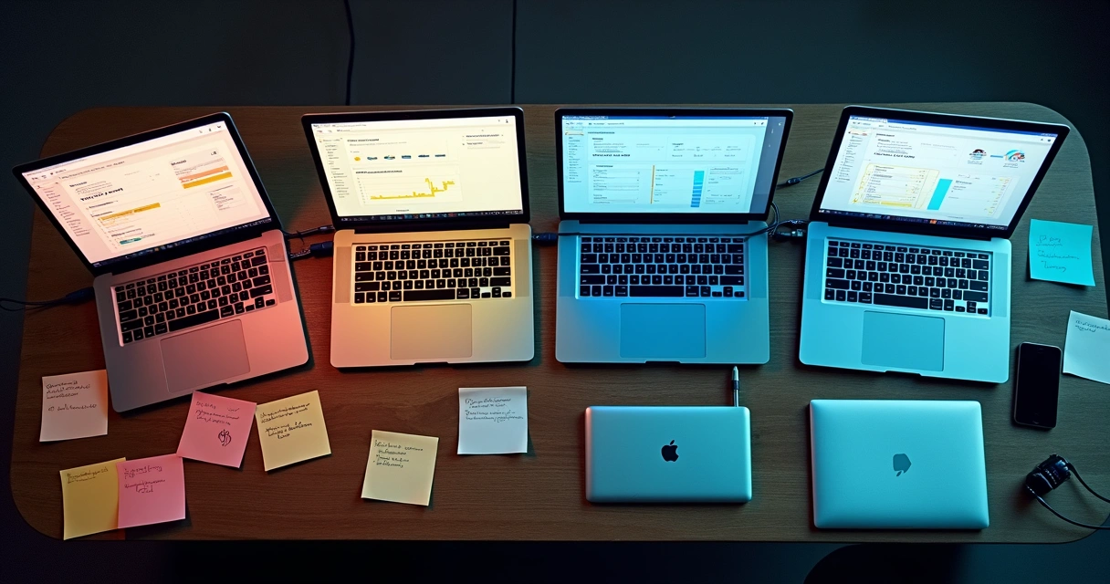 Notebooks de várias cores ligados por fios, simbolizando integração de sistemas empresariais 