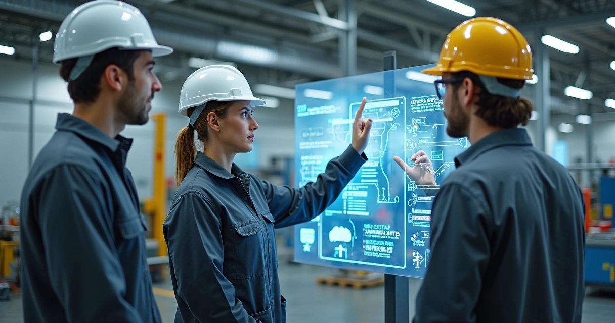 Novos funcionários de fábrica sendo orientados durante integração em ambiente industrial moderno 