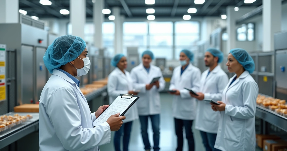 Supervisor orienta novos colaboradores com prancheta em área de produção de alimentos 