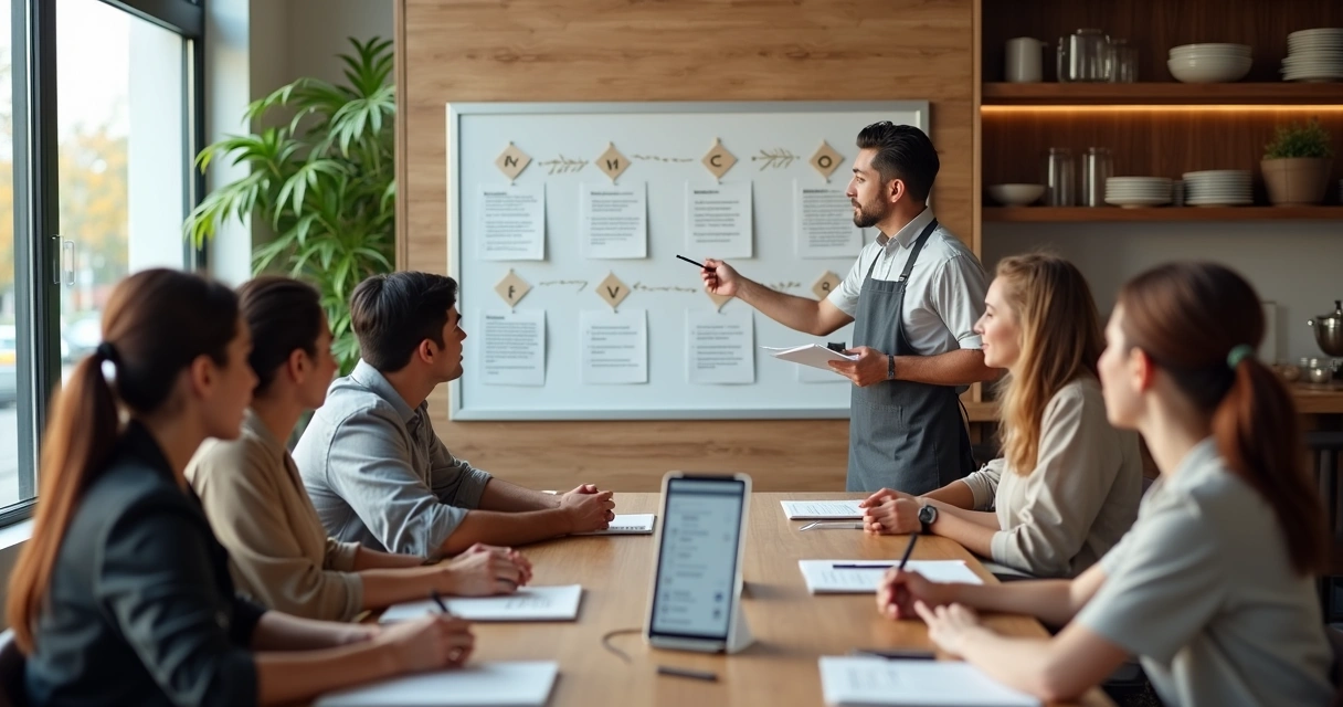 Treinamento de novos funcionários de restaurante em ambiente moderno e organizado 