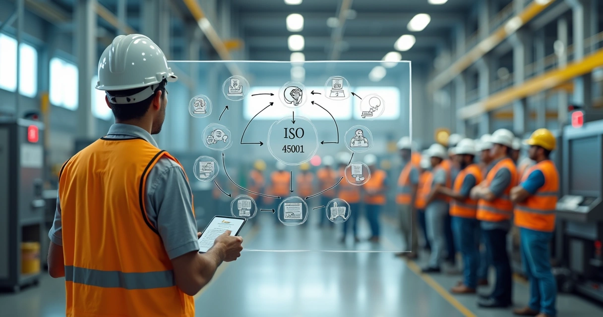 Engenheiro de segurança revisando painel com fluxos de trabalho e ícones de segurança em fábrica 