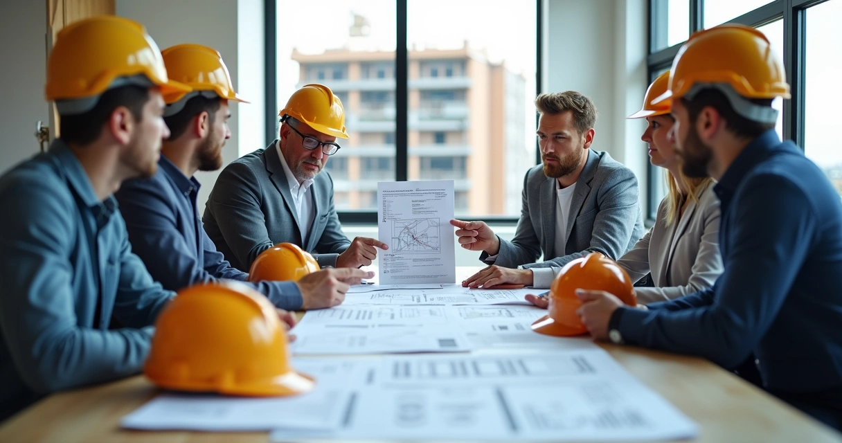 Equipe de gestão em reunião revisando normas técnicas de obra